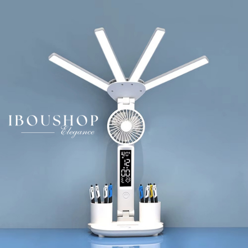 Lampe Bureau Intelligente 3 en 1 – Lumière LED, Ventilateur & Horloge